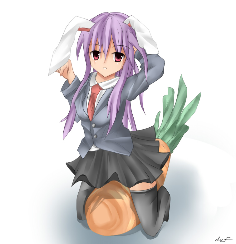 defined (pixiv), reisen udongein inaba, touhou, bad id, bad pixiv id, 1girl, animal ears, carrot, female focus, full body, gradient background, long hair, purple hair, rabbit ears, skirt, solo, thighhighs, white background