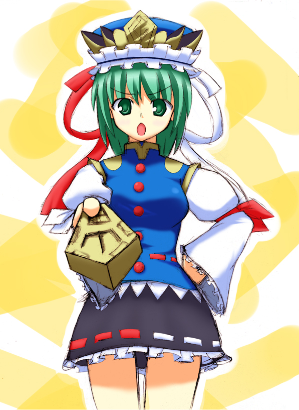kusanagi matabi, kusanagimatabi, shiki eiki, touhou, 1girl, angry, female focus, green eyes, green hair, hand on own hip, hat, matching hair/eyes, ribbon, rod of remorse, short hair, skirt, solo