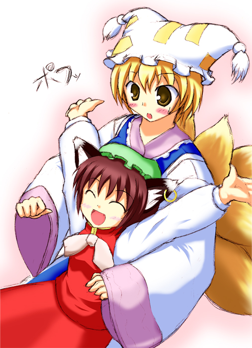 kusanagi matabi, kusanagimatabi, chen, yakumo ran, touhou, 2girls, ^ ^, animal ears, animal hat, blonde hair, blush, cat ears, cat girl, cat tail, china dress, chinese clothes, closed eyes, dress, earrings, female focus, fox ears, fox tail, hat, jewelry, long sleeves, mob cap, multiple girls, multiple tails, outstretched arms, ribbon, short hair, spread arms, sweatdrop, tail, tassel, wide sleeves, yellow eyes