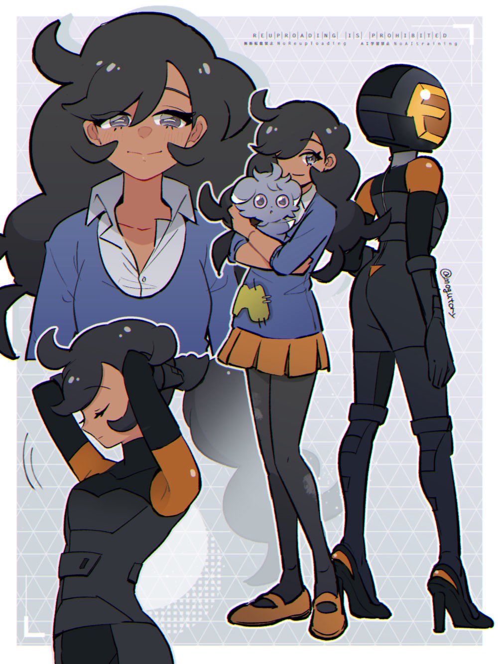 mogutory, emma (pokemon), espurr, essentia (pokemon), nintendo, pokemon, pokemon xy, highres, 1girl, black bodysuit, black hair, black pantyhose, blue eyes, blue sweater, bodysuit, breasts, closed eyes, closed mouth, collared shirt, dark-skinned female, dark skin, gen 6 pokemon, gloves, hair over one eye, helmet, high heels, holding, holding pokemon, long hair, orange skirt, pantyhose, patch, pokemon (creature), power suit, purple eyes, shirt, skirt, smile, sweater, team flare, tying hair, white shirt