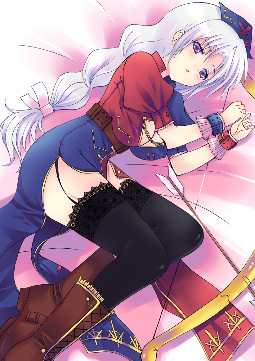 panbai, yagokoro eirin, touhou, silver hair, 1girl, adapted costume, arrow (projectile), bed, black thighhighs, blush, boots, bow (weapon), braid, breasts, chain, cleavage, female focus, garter straps, hair ribbon, hat, long hair, lying, purple eyes, ribbon, solo, thighhighs, weapon, wrist cuffs