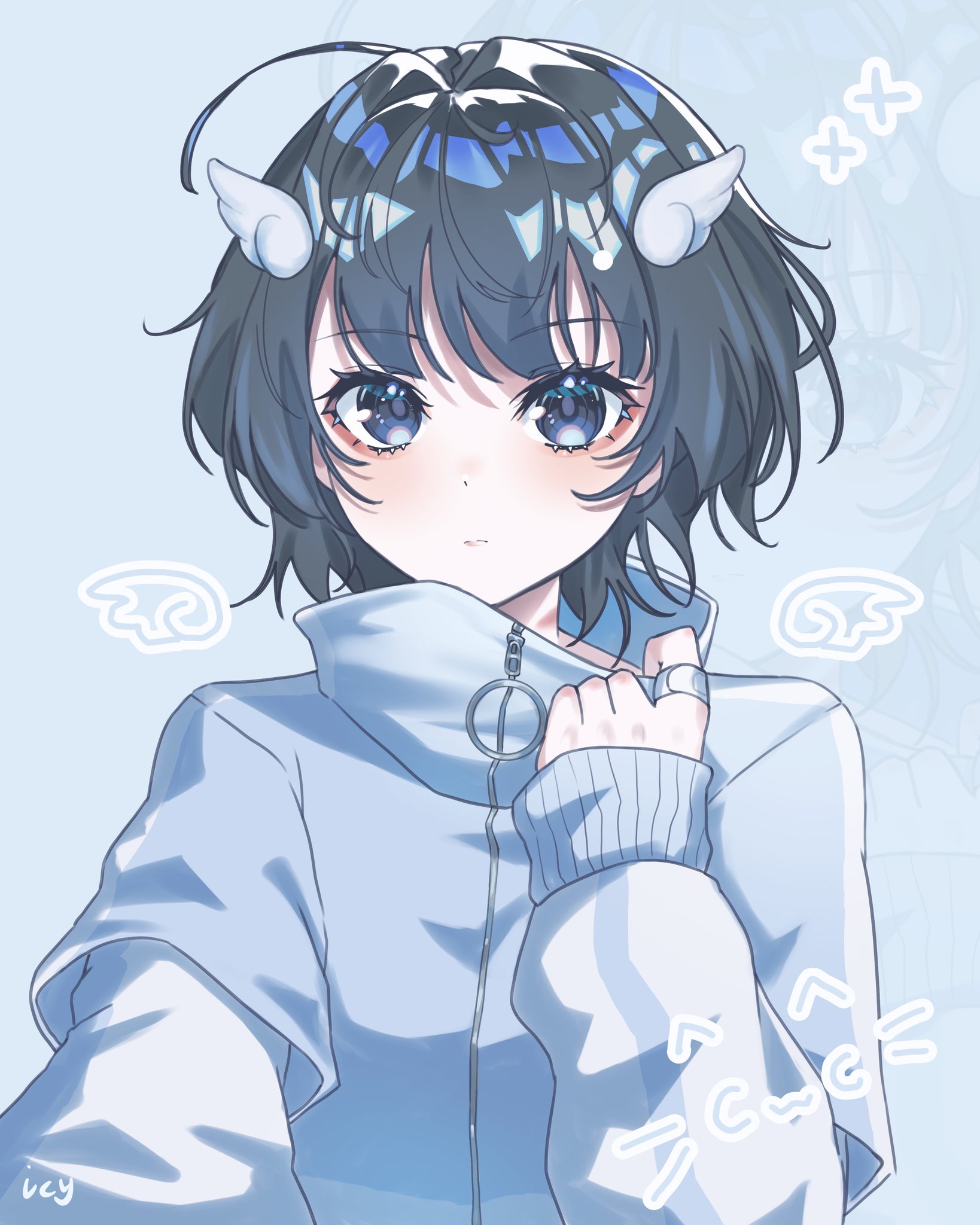 icy artzy, original, commentary request, highres, 1girl, ahoge, bandaid, bandaid on finger, blue background, blue coat, blue eyes, blue theme, choppy bangs, closed mouth, coat, hair ornament, long sleeves, looking at viewer, short hair, sleeves past wrists, solo, upper body, wing hair ornament, zipper, zipper pull tab