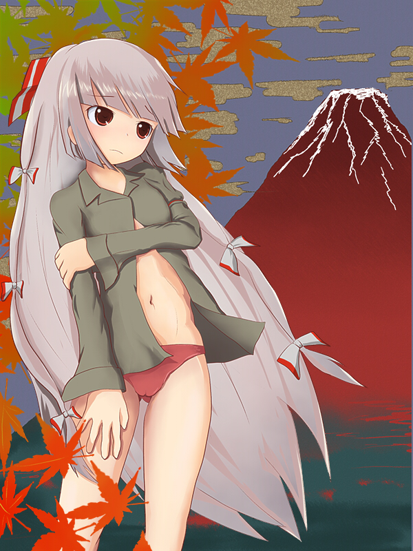 popo (0kyono0), fujiwara no mokou, touhou, silver hair, bad id, bad pixiv id, 1girl, female focus, leaf, long hair, maple leaf, nature, outdoors, panties, plant, ribbon, sky, solo, underwear