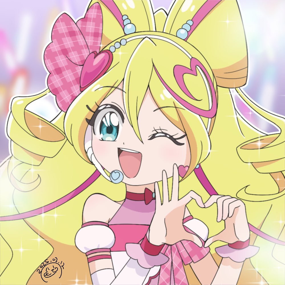 cure idol, sakura uta (precure), kimi to idol precure, precure, commentary, symbol-only commentary, 1girl, 964905950, ;d, arm warmers, artist name, bare shoulders, blonde hair, blue eyes, blurry, blurry background, bow, bow-shaped hair, bridal gauntlets, collarbone, crop top, dated, detached sleeves, double-parted bangs, drill hair, earrings, hair between eyes, hair bun, hair ornament, hair ribbon, hairband, hands up, headset, heart, heart earrings, heart hair bun, heart hair ornament, heart hands, idol, impossible hair, jewelry, long hair, looking at viewer, magical girl, one eye closed, open mouth, pink bridal gauntlets, pink ribbon, pink wrist cuffs, plaid bow, puffy detached sleeves, puffy sleeves, ribbon, single arm warmer, single earring, sleeveless, smile, solo, sparkle, twin drills, white arm warmers, white hairband, wrist cuffs