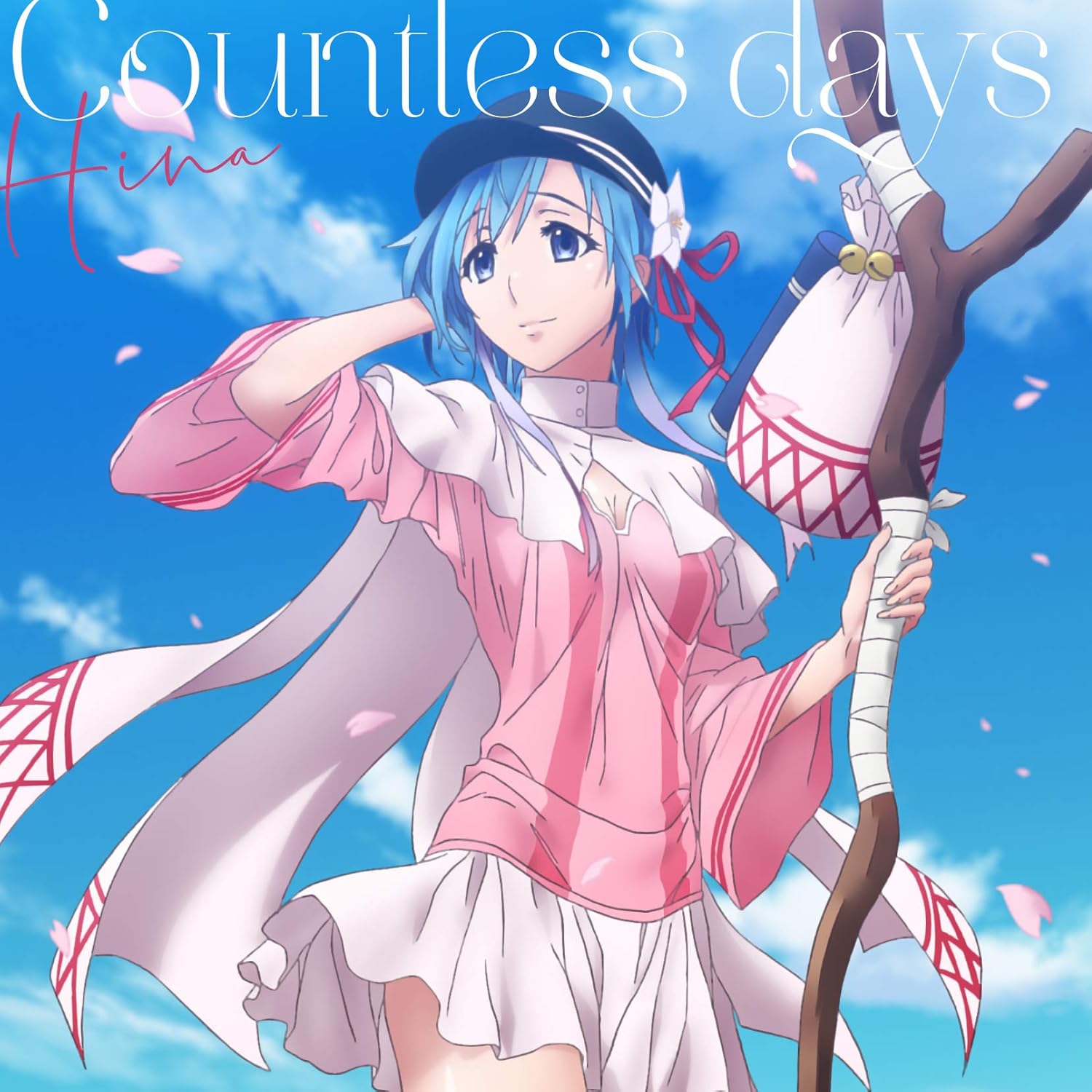hina (plunderer), plunderer, artist request, commentary request, highres, official art, 1girl, album cover, anime coloring, arm behind head, bag, blue eyes, blue hair, breasts, character name, cleavage, cloud, cover, day, falling petals, flower, hair flower, hair ornament, hair ribbon, hat, holding, holding staff, light smile, looking to the side, miniskirt, outdoors, petals, pink shirt, red ribbon, ribbon, shirt, short hair, skirt, sky, small breasts, solo, song name, staff, standing, three-quarter sleeves, white skirt, wide sleeves