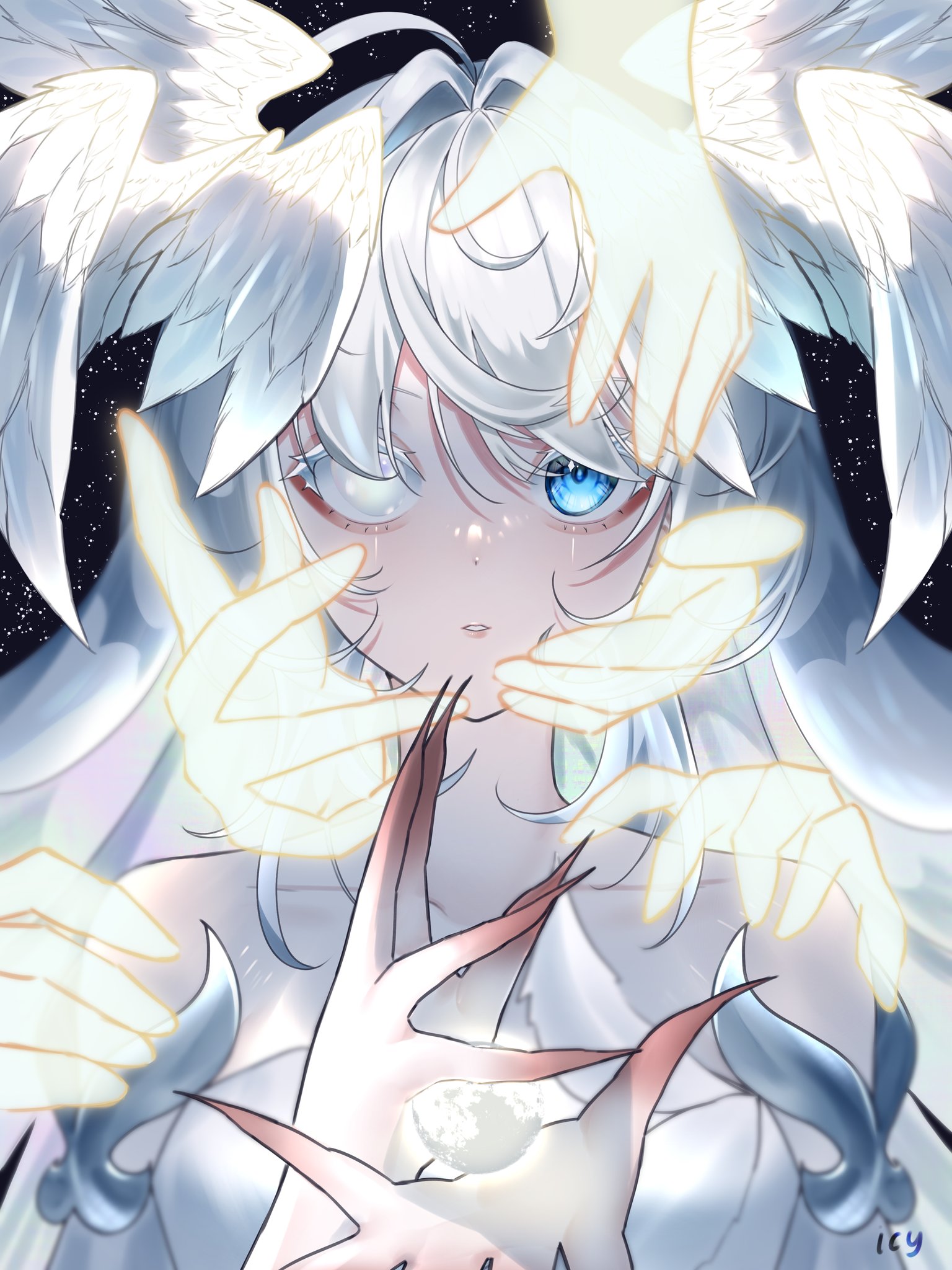 icy artzy, original, commentary, english commentary, highres, 1girl, aegyo sal, angel wings, black background, blue eyes, disembodied hand, dress, feathered wings, hair between eyes, heterochromia, long hair, looking at viewer, parted lips, solo, surrounded by hands, upper body, white dress, white eyes, white hair, white wings, wings