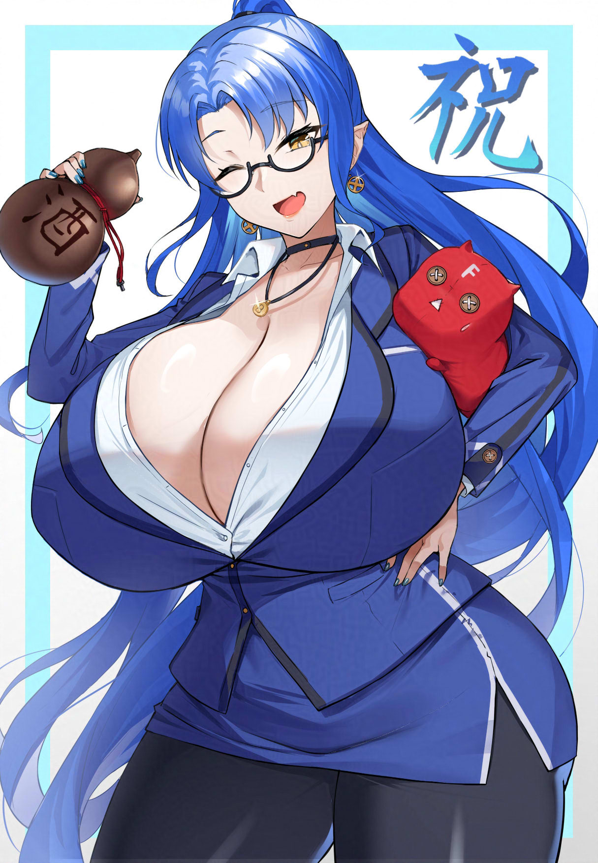 tenneko yuuri, voicevox, commentary request, highres, 1girl, ;d, black thighhighs, blue hair, blue jacket, breasts, brown eyes, cleavage, collarbone, curvy, fang, gigantic breasts, goki (voicevox), gourd, hand on own hip, holding, holding gourd, jacket, long hair, long sleeves, looking at viewer, one eye closed, open mouth, pointy ears, semi-rimless eyewear, sidelocks, simple background, smile, solo, thighhighs, under-rim eyewear, very long hair, white background
