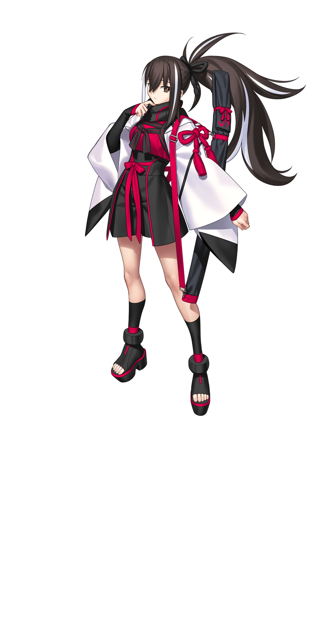 takeuchi takashi, fate/grand order, fate (series), highres, large variant set, official art, third-party source, variant set, 1girl, black ribbon, black scarf, black shoes, black shorts, black socks, brown eyes, brown hair, full body, hair ribbon, haori, japanese clothes, kawakami gensai (fate), long hair, looking at viewer, multicolored hair, ponytail, red ribbon, ribbon, scarf, shirt, shoes, shorts, socks, solo, standing, streaked hair, sword, tachi-e, transparent background, two-tone hair, weapon, white hair, white haori