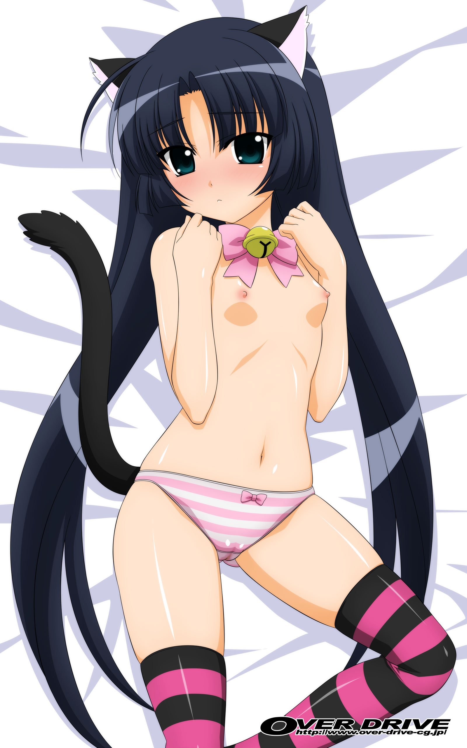 sugimura tomokazu, elizabetta, fushigiboshi no futago hime, absurdres, highres, 00s, 1girl, animal ears, breasts, cat ears, cat tail, female focus, flat chest, loli, long hair, lying, panties, solo, striped clothes, striped panties, tail, thighhighs, topless female, underwear