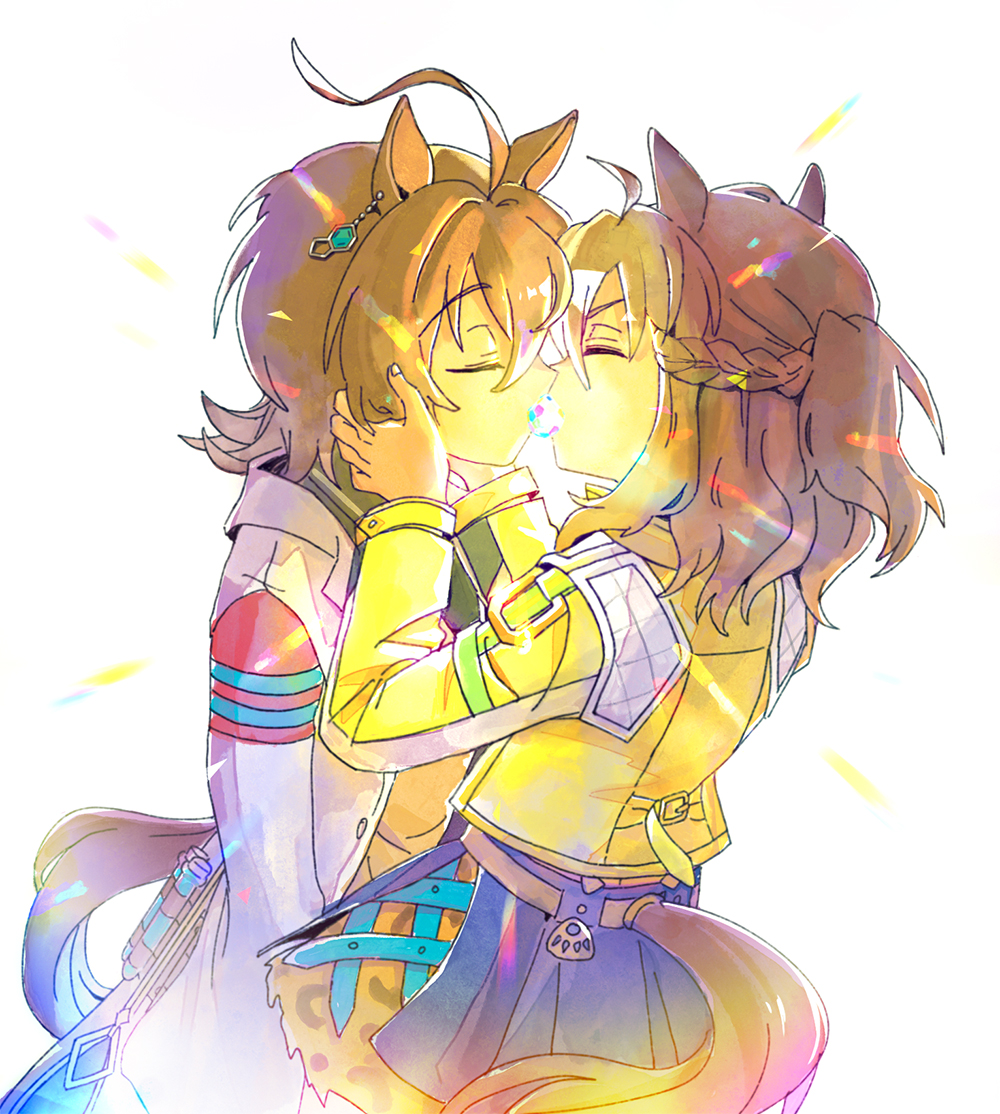 mazu1kan, agnes tachyon (tach-nology) (umamusume), agnes tachyon (umamusume), jungle pocket (champion's battle cry) (umamusume), jungle pocket (umamusume), umamusume, 2girls, ahoge, animal ears, black skirt, braid, brown hair, chemical structure, closed eyes, clothing cutout, coat, earrings, face-to-face, hair between eyes, half up braid, hand on another's cheek, hand on another's face, horse ears, horse girl, horse tail, huge ahoge, jacket, jewelry, kiss, long sleeves, medium hair, multiple girls, ponytail, short ponytail, simple background, single earring, skirt, tail, tail through clothes, test tube, white background, white coat, yellow jacket, yuri