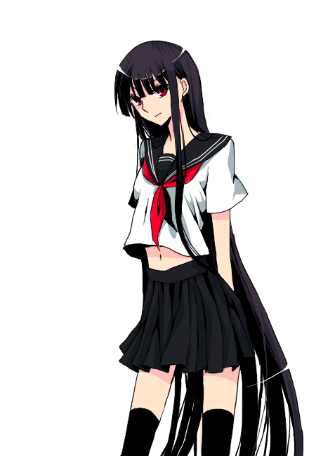 abaraya, mizutsuki, houraisan kaguya, touhou, 1girl, alternate costume, black hair, black socks, female focus, kneehighs, long hair, long sidelocks, midriff, navel, red eyes, school uniform, serafuku, simple background, smile, socks, solo, standing, thighhighs, very long hair, very long sidelocks