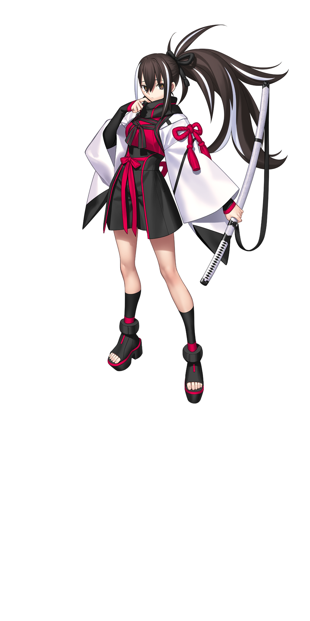 takeuchi takashi, fate/grand order, fate (series), highres, large variant set, official art, third-party source, variant set, 1girl, black ribbon, black scarf, black shoes, black shorts, black socks, brown eyes, brown hair, full body, hair ribbon, haori, holding, holding sword, holding weapon, japanese clothes, katana, kawakami gensai (fate), long hair, looking at viewer, multicolored hair, ponytail, red ribbon, ribbon, scarf, shirt, shoes, shorts, socks, solo, standing, streaked hair, sword, tachi-e, transparent background, two-tone hair, weapon, white hair, white haori