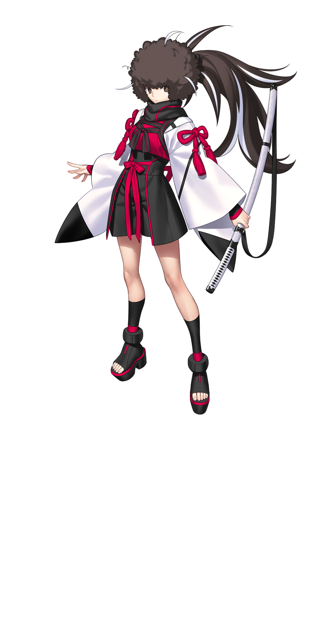 takeuchi takashi, fate/grand order, fate (series), highres, large variant set, official art, third-party source, variant set, 1girl, afro, black ribbon, black scarf, black shoes, black shorts, black socks, brown eyes, brown hair, full body, hair ribbon, haori, holding, holding sword, holding weapon, japanese clothes, katana, kawakami gensai (fate), long hair, looking at viewer, multicolored hair, ponytail, red ribbon, ribbon, scarf, shirt, shoes, shorts, socks, solo, standing, streaked hair, sword, tachi-e, transparent background, two-tone hair, weapon, white hair, white haori