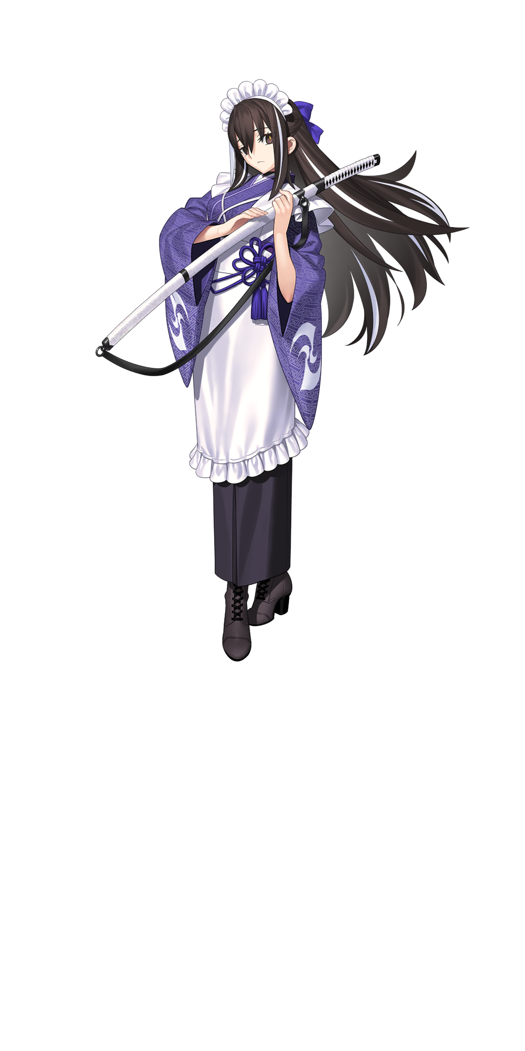 takeuchi takashi, fate/grand order, fate (series), highres, large variant set, official art, third-party source, variant set, 1girl, apron, boots, brown eyes, brown hair, frilled apron, frills, full body, half updo, holding, holding sword, holding weapon, japanese clothes, katana, kawakami gensai (fate), kimono, long hair, long sleeves, looking at viewer, maid, maid apron, maid headdress, multicolored hair, purple kimono, purple ribbon, ribbon, solo, standing, streaked hair, sword, tachi-e, transparent background, two-tone hair, wa maid, weapon, white apron, white hair, wide sleeves