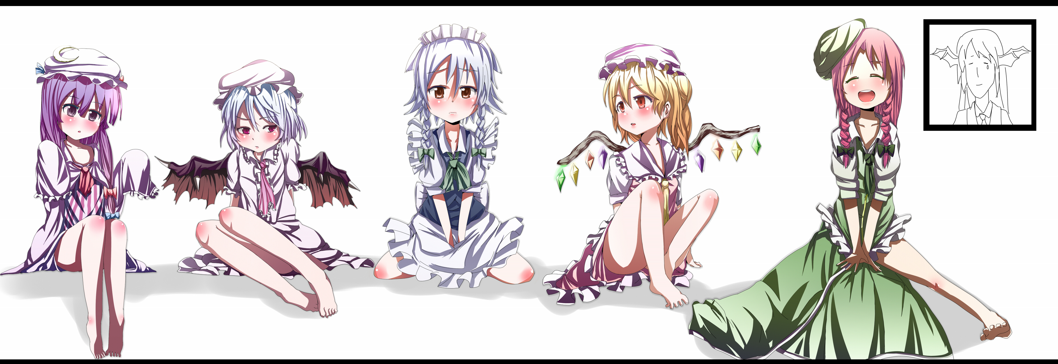 ryouma (galley), flandre scarlet, hong meiling, izayoi sakuya, koakuma, patchouli knowledge, remilia scarlet, embodiment of scarlet devil, touhou, absurdres, bad id, bad pixiv id, highres, long image, wide image, 6+girls, barefoot, blush, dress, feet, female focus, hat, maid, multiple girls, partially colored, skirt, white background