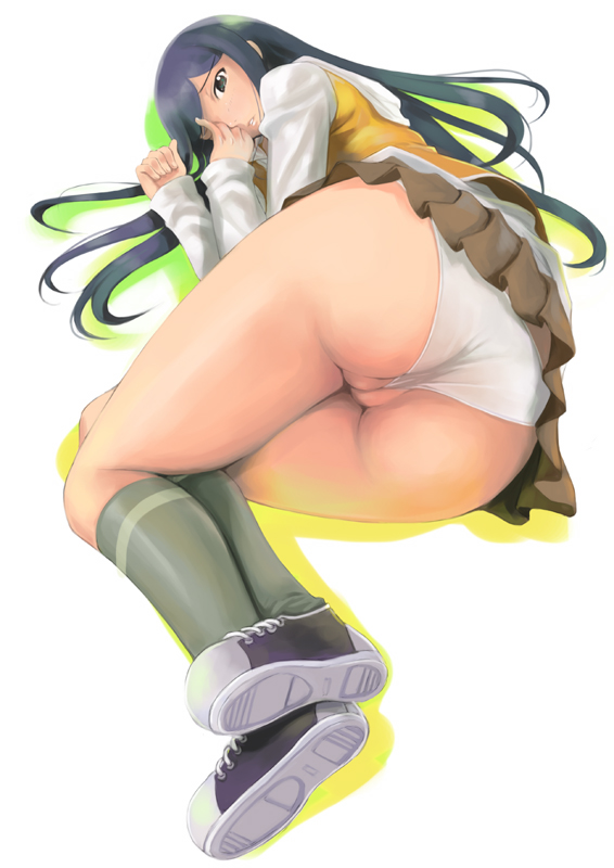 mikazuki akira!, kuga natsuki, my-hime, 00s, 1girl, ass, black eyes, black hair, blue hair, cameltoe, cleft of venus, female focus, frontal wedgie, green socks, huge ass, jacket, kneehighs, long hair, looking back, lying, miniskirt, on side, panties, pantyshot, pleated skirt, pussy, school uniform, serafuku, shoes, skirt, sneakers, socks, solo, trimoon, uncensored, underwear, upskirt, wedgie, white panties