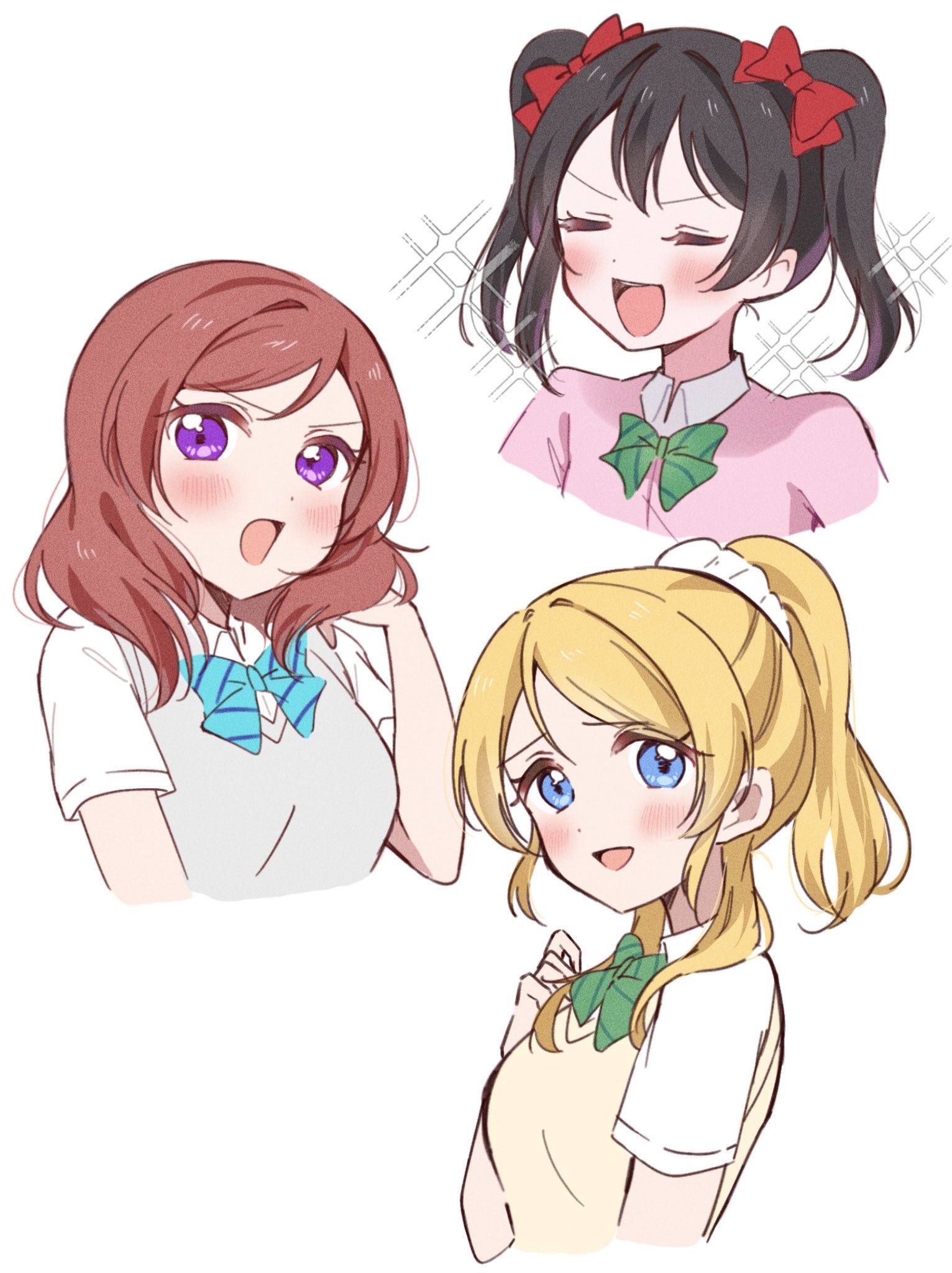 osono (osonokichi), ayase eli, nishikino maki, yazawa nico, love live!, love live! school idol project, highres, 3girls, bibi (love live!), black hair, blonde hair, blue bow, blue bowtie, blue eyes, blush, bow, bowtie, breasts, cardigan, closed eyes, cropped torso, green bow, green bowtie, hair bow, hand up, looking at viewer, medium hair, multiple girls, multiple hair bows, open mouth, otonokizaka school uniform, pink cardigan, ponytail, purple eyes, red bow, red hair, school uniform, short hair, short sleeves, smile, sparkle, striped bow, striped bowtie, striped clothes, sweater vest, twintails