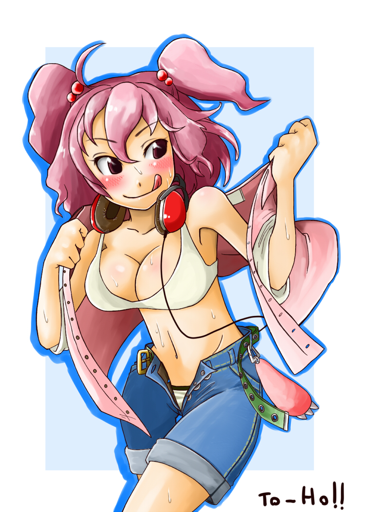 daitai konna kanji, onozuka komachi, touhou, 1girl, :q, bare shoulders, belt, blush, bra, breasts, cleavage, collarbone, female focus, hair bobbles, hair ornament, headphones, holding, jacket, large breasts, midriff, navel, open belt, open clothes, open fly, open jacket, open shorts, panties, panty peek, pink hair, pink panties, red eyes, short hair, short twintails, shorts, smile, solo, standing, stomach, striped clothes, striped panties, tongue, tongue out, twintails, unbuckled, unbuttoned, underwear, undressing, unzipped