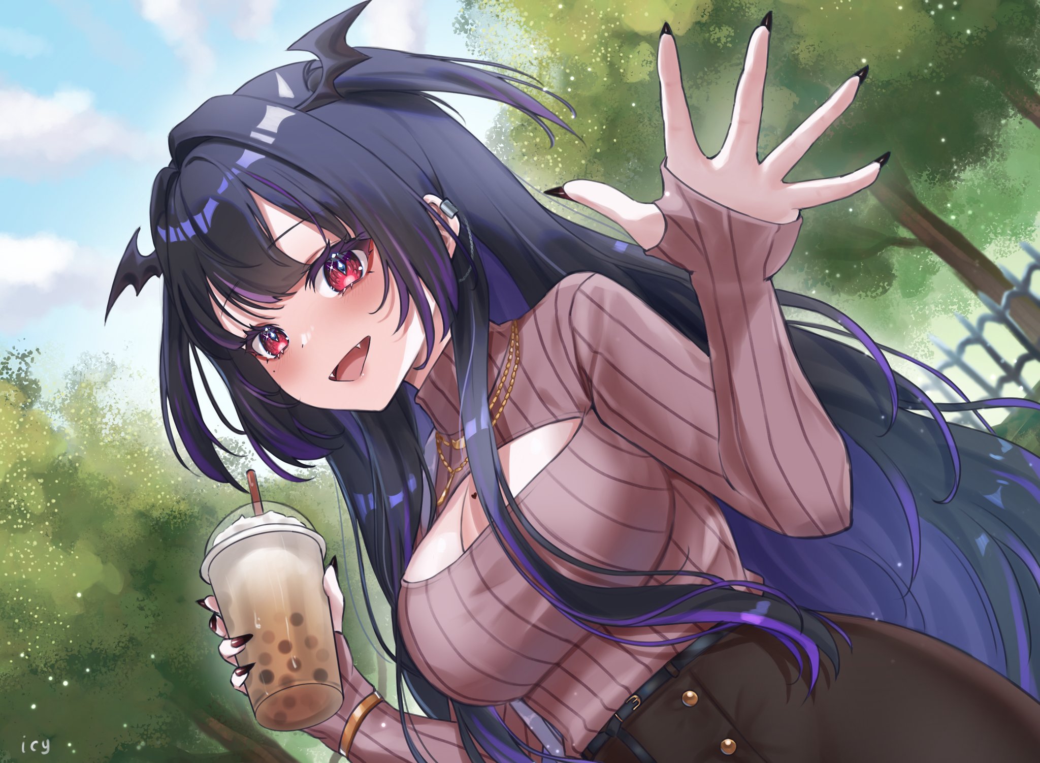 icy artzy, mythia batford, indie virtual youtuber, commentary, english commentary, highres, 1girl, black hair, black nails, black skirt, blush, breasts, brown sweater, bubble tea, cleavage, cleavage cutout, clothing cutout, colored inner hair, cowboy shot, cup, day, drinking straw, dutch angle, ear piercing, fangs, fingernails, gold necklace, head wings, holding, holding cup, jewelry, large breasts, long fingernails, long hair, long sleeves, looking at viewer, multicolored hair, nail polish, necklace, open-chest sweater, open hand, open mouth, outdoors, piercing, purple hair, red eyes, ribbed sweater, skirt, smile, solo, sweater, tree, turtleneck, turtleneck sweater, vampire, virtual youtuber, waving, wings