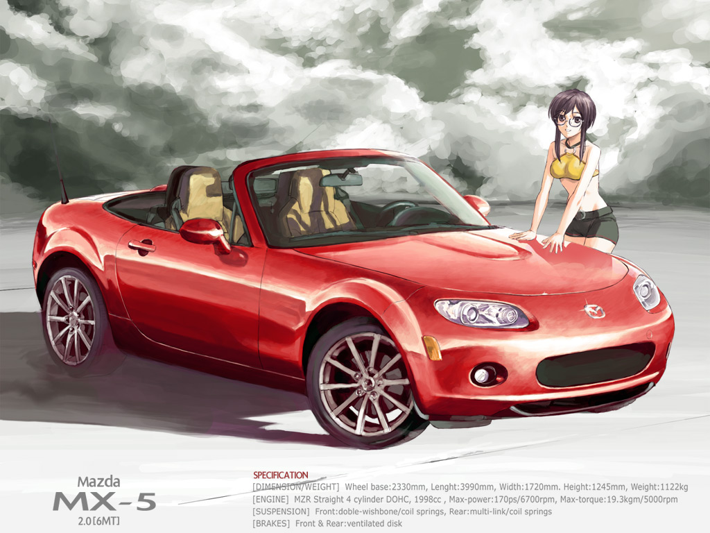 tan taka, mazda, 1girl, bare shoulders, car, cloud, crop top, eunos roadster, female focus, glasses, halterneck, left-hand drive, mazda mx-5, mazda mx-5 nc, midriff, motor vehicle, purple hair, short hair, short shorts, shorts, sidelocks, smile, solo, tank top, text focus, vehicle focus