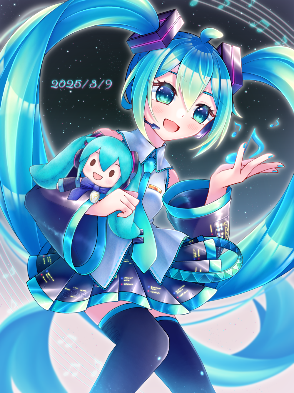 hatsune miku, vocaloid, highres, 1girl, ahoge, aqua eyes, aqua hair, aqua nails, aqua necktie, aqua trim, black skirt, blush, boots, collared shirt, dated, detached sleeves, grey shirt, hair between eyes, hair ornament, headset, holding, holding stuffed toy, hug, long hair, long sleeves, miku day, musical note, necktie, open mouth, pleated skirt, shindou (tale ship), shirt, skirt, sleeveless, sleeveless shirt, smile, solo, stuffed toy, thigh boots, twintails, very long hair, wide sleeves