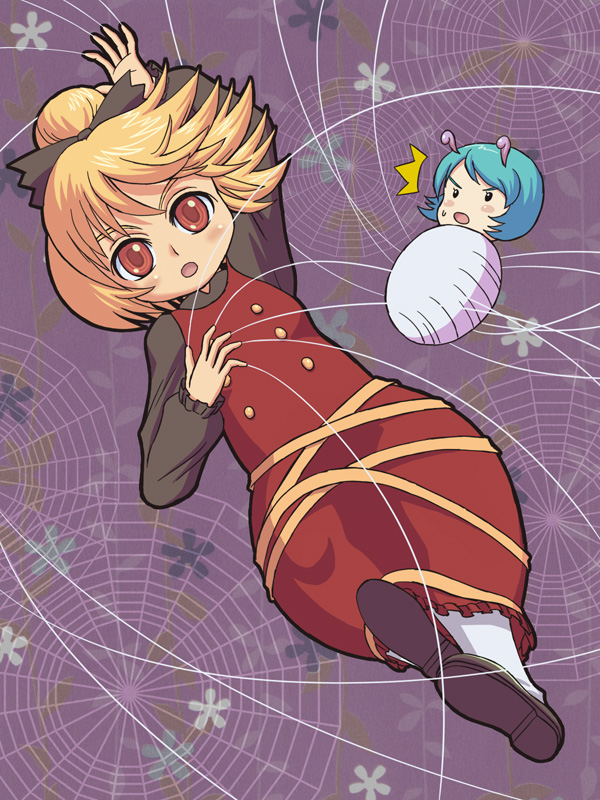 kt, kt (pixiv), kurodani yamame, wriggle nightbug, touhou, bad id, bad pixiv id, 2girls, antennae, blonde hair, bow, female focus, green hair, hair bow, multiple girls, open mouth, short hair, silk, spider web