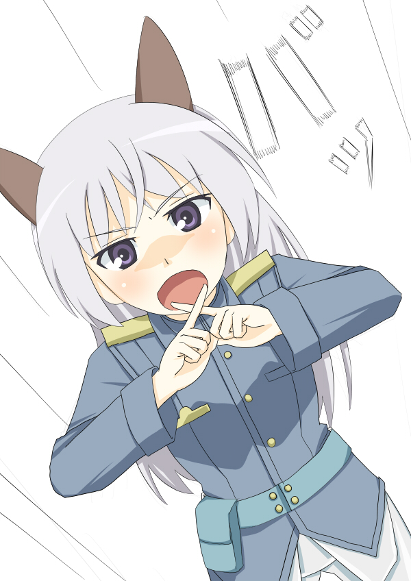 roas, eila ilmatar juutilainen, strike witches, world witches series, silver hair, bad id, bad pixiv id, 00s, 1girl, animal ears, female focus, long hair, muri da na, open mouth, pantyhose, pouch, purple eyes, solo, white pantyhose, x fingers