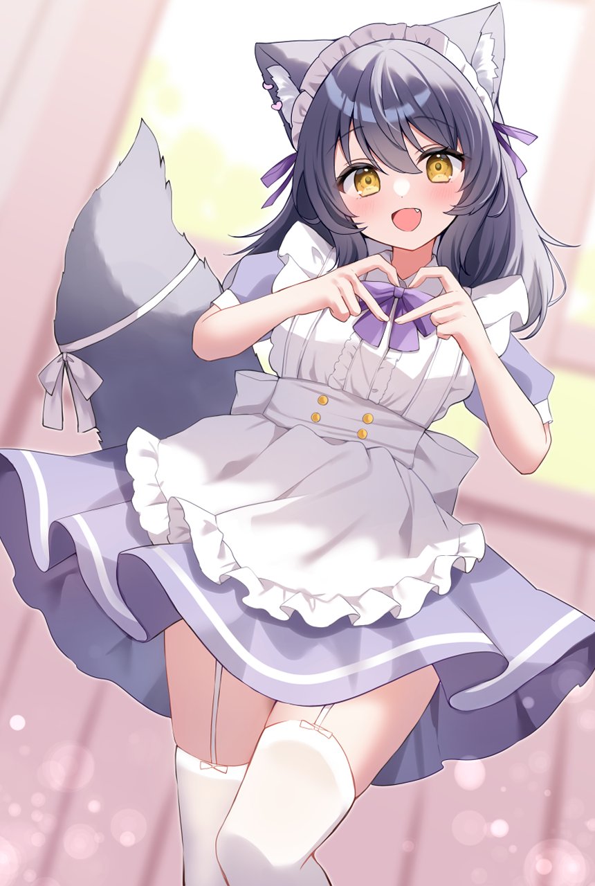 hamico, original, commentary, highres, 1girl, :d, animal ear fluff, animal ears, apron, black hair, blush, bow, bowtie, dress, fang, feet out of frame, four-finger heart hands, fox ears, fox girl, fox tail, frilled apron, frills, garter straps, hair between eyes, heart, heart hands, long hair, looking at viewer, maid, maid headdress, open mouth, purple bow, purple bowtie, purple dress, ribbon, short sleeves, smile, solo, standing, tail, tail ornament, tail ribbon, thighhighs, white apron, white ribbon, white thighhighs