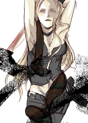 trish (devil may cry), capcom, devil may cry (series), devil may cry 1, lowres, 00s, 1girl, armpits, belt, collarbone, expressionless, female focus, looking at viewer, parted lips, red eyes, shaded face, simple background, solo, standing, stretching, white background