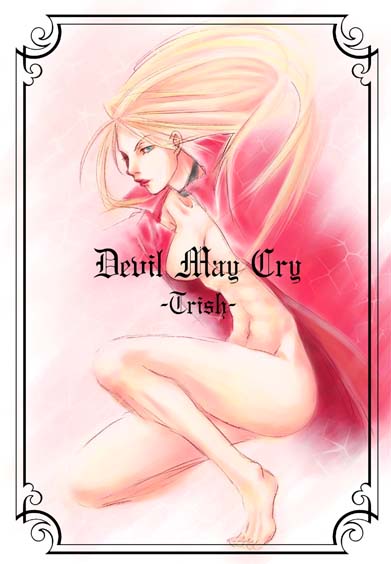 trish (devil may cry), capcom, devil may cry (series), 00s, 1girl, blonde hair, border, censored, coat, collarbone, convenient censoring, female focus, full body, kneeling, lips, long hair, looking afar, nude, red eyes, simple background, solo, text focus, trench coat, very long hair, white background