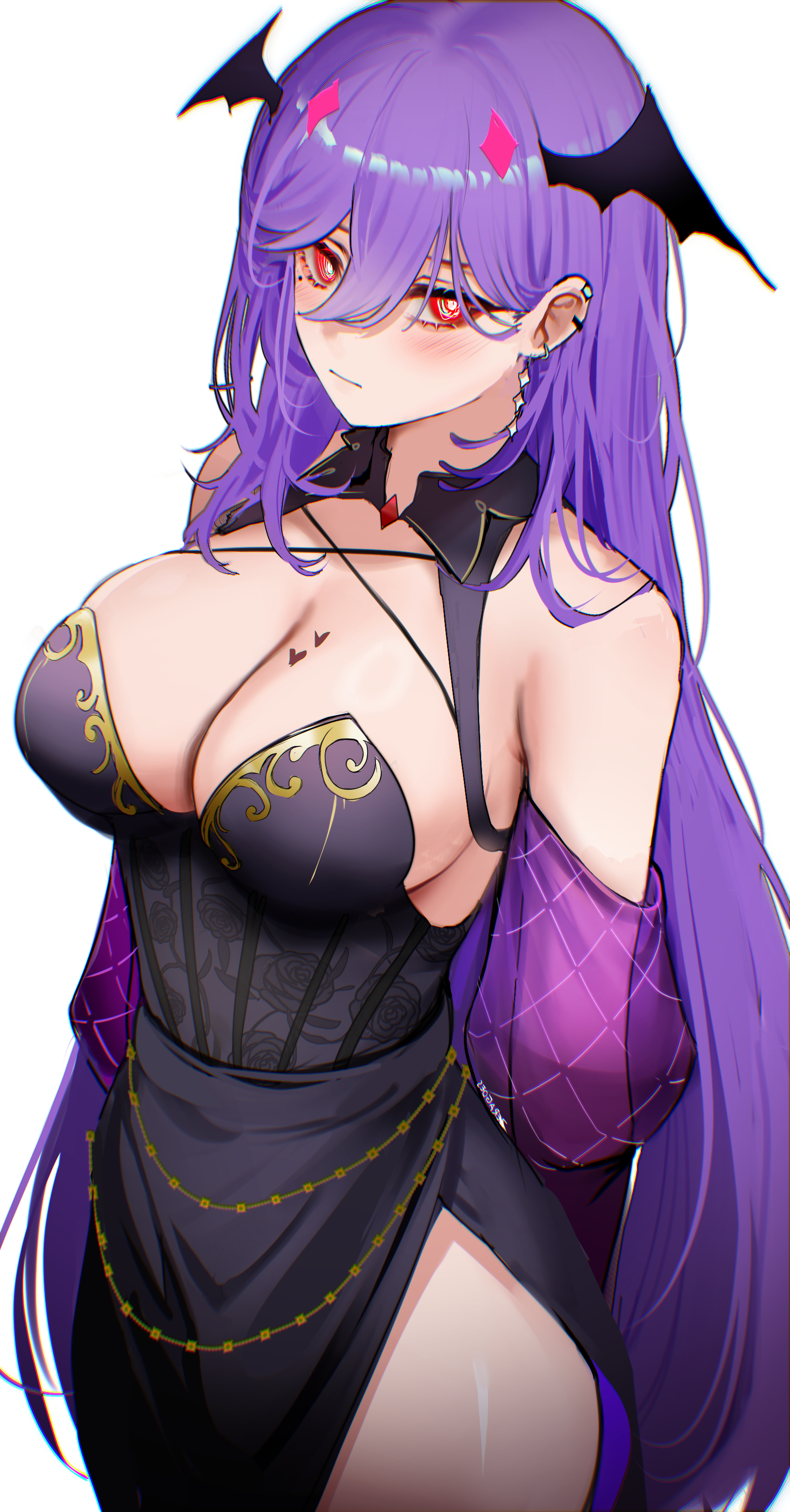 zeragoes, mythia batford, indie virtual youtuber, absurdres, commentary, english commentary, highres, 1girl, bare shoulders, black dress, blush, breasts, bright pupils, cleavage, closed mouth, cowboy shot, dress, ear piercing, earrings, hair between eyes, head wings, jewelry, large breasts, long hair, looking at viewer, mole, mole under eye, piercing, purple hair, red eyes, simple background, solo, virtual youtuber, white background, white pupils, wings