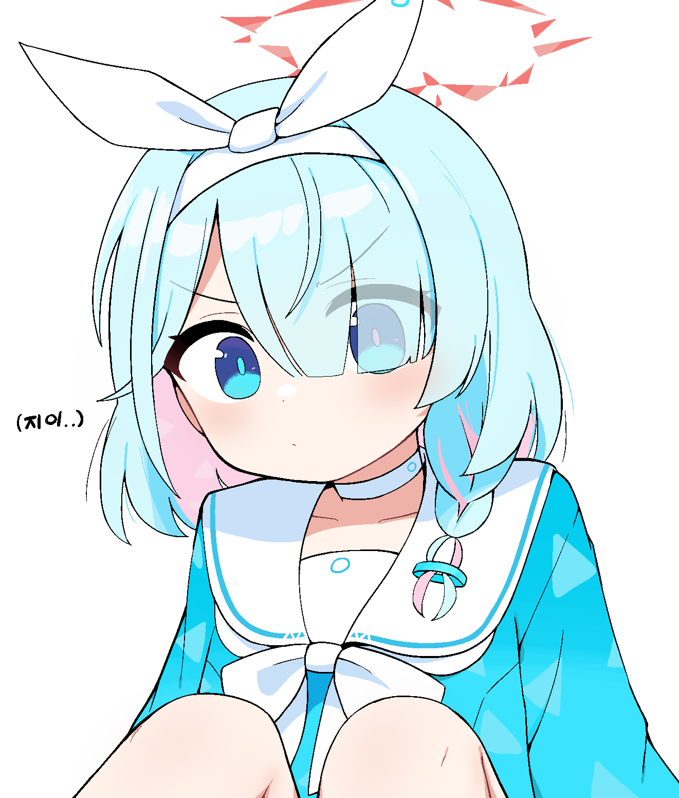 tagyeokgam, arona (blue archive), blue archive, highres, 1girl, blue eyes, blue hair, blue skirt, braid, choker, eyes visible through hair, hair over one eye, hairband, halo, knees up, red halo, sailor collar, side braid, simple background, skirt, solo, white background, white choker, white hairband, white sailor collar