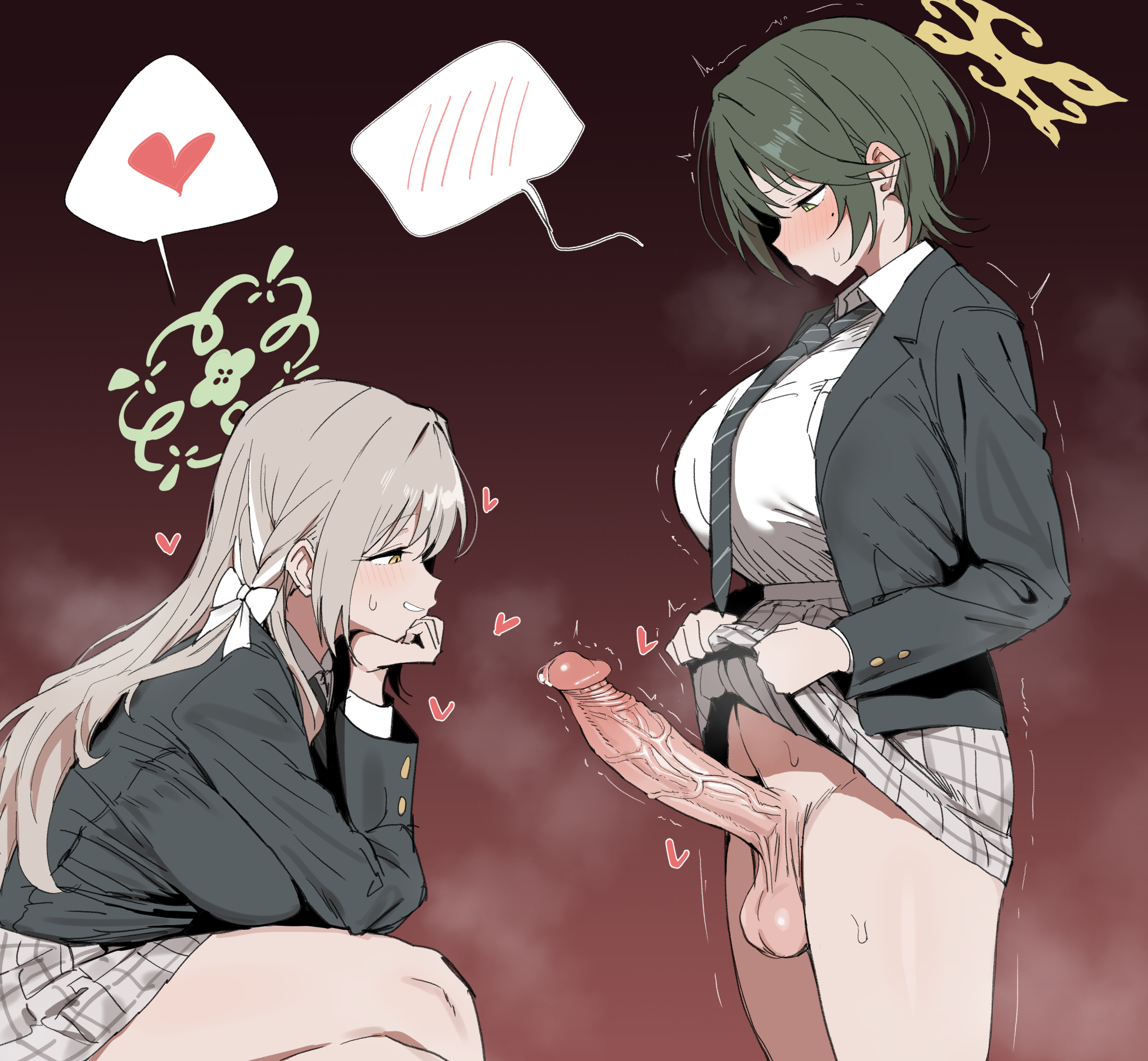 xipa, fuyu (blue archive), miyo (blue archive), blue archive, highres, 2girls, blazer, blush, bow, breasts, brown hair, clothes lift, erection, from side, futa with female, futanari, green eyes, green halo, grey hair, grey skirt, grin, hair bow, halo, heart, jacket, large breasts, large penis, lifting own clothes, long hair, long sleeves, looking at penis, mole, mole under eye, multiple girls, penis, precum, shirt, short hair, skirt, skirt lift, smile, spoken blush, spoken heart, testicles, uncensored, veins, veiny penis, white bow, white shirt, yellow eyes, yellow halo