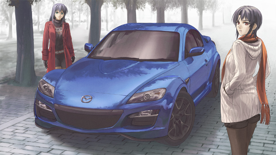tan taka, mazda, 2girls, black hair, car, coat, gloves, jewelry, mazda rx-8, motor vehicle, multiple girls, pantyhose, pendant, red eyes, road, scarf, short hair, shorts, street, tree, vanishing point, vehicle focus