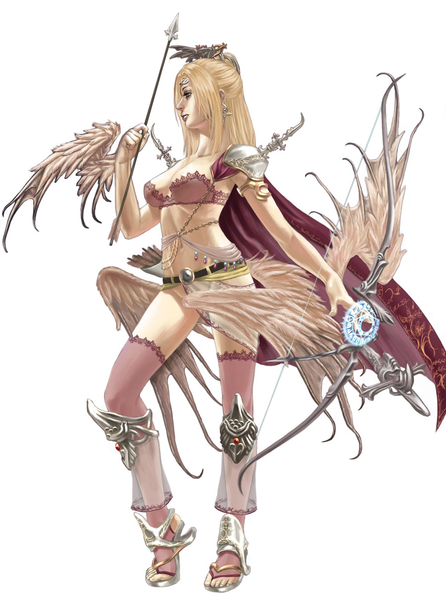 minh do, rosa farrell, final fantasy, final fantasy iv, highres, 1990s (style), 1girl, armor, arrow (projectile), blonde hair, blue eyes, bow (weapon), bra, breasts, cape, female focus, full body, lingerie, long hair, navel, retro artstyle, sandals, simple background, solo, thighhighs, underwear, weapon, wings