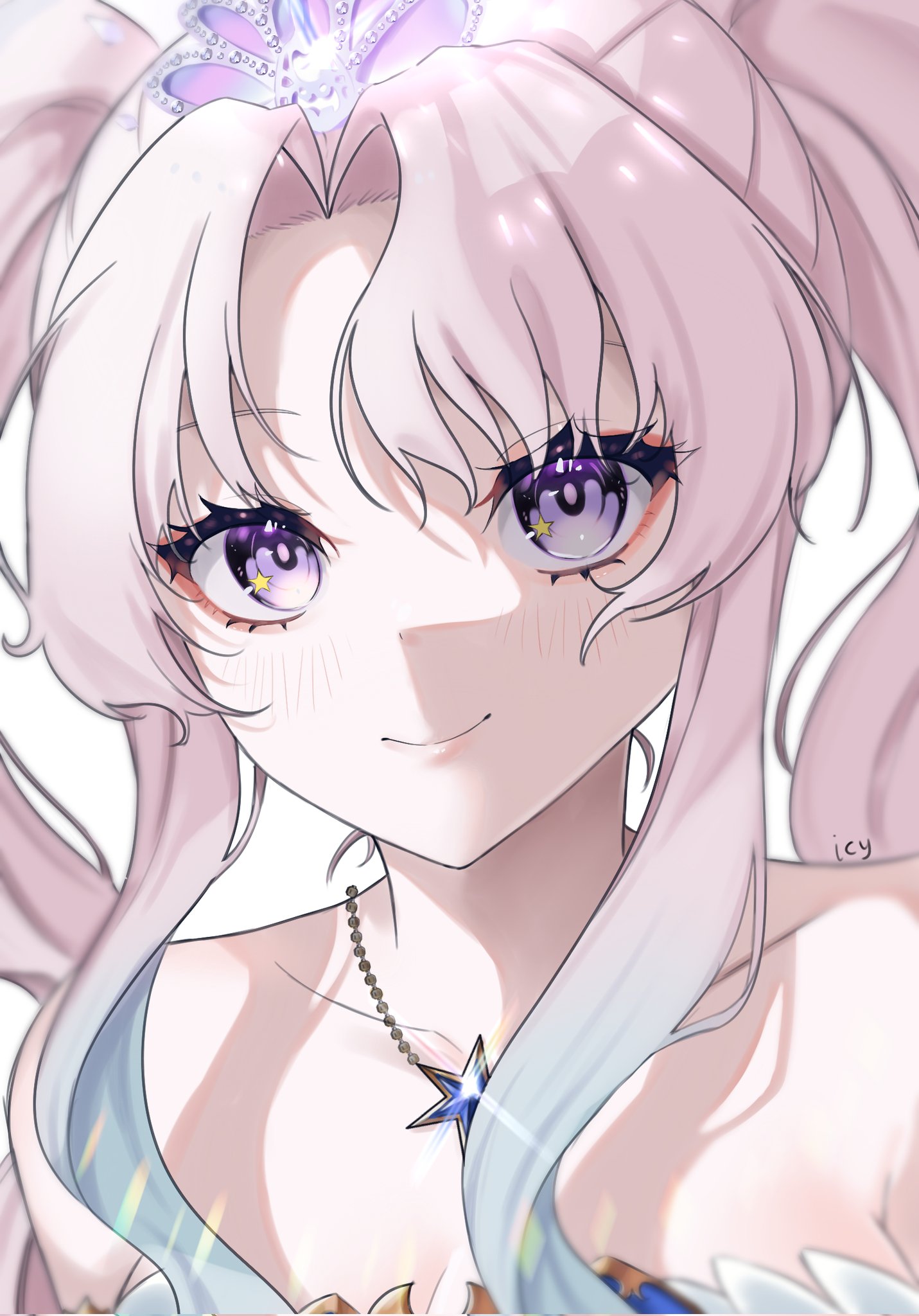 icy artzy, airani iofifteen, airani iofifteen (sci-fi princess), hololive, hololive indonesia, commentary, english commentary, highres, 1girl, armpit crease, bare shoulders, closed mouth, curtained hair, eyelashes, eyeliner, jewelry, long hair, looking at viewer, makeup, necklace, official alternate costume, official alternate hairstyle, pink hair, portrait, purple eyes, red eyeliner, simple background, smile, solo, star (symbol), star in eye, symbol in eye, tiara, twintails, white background