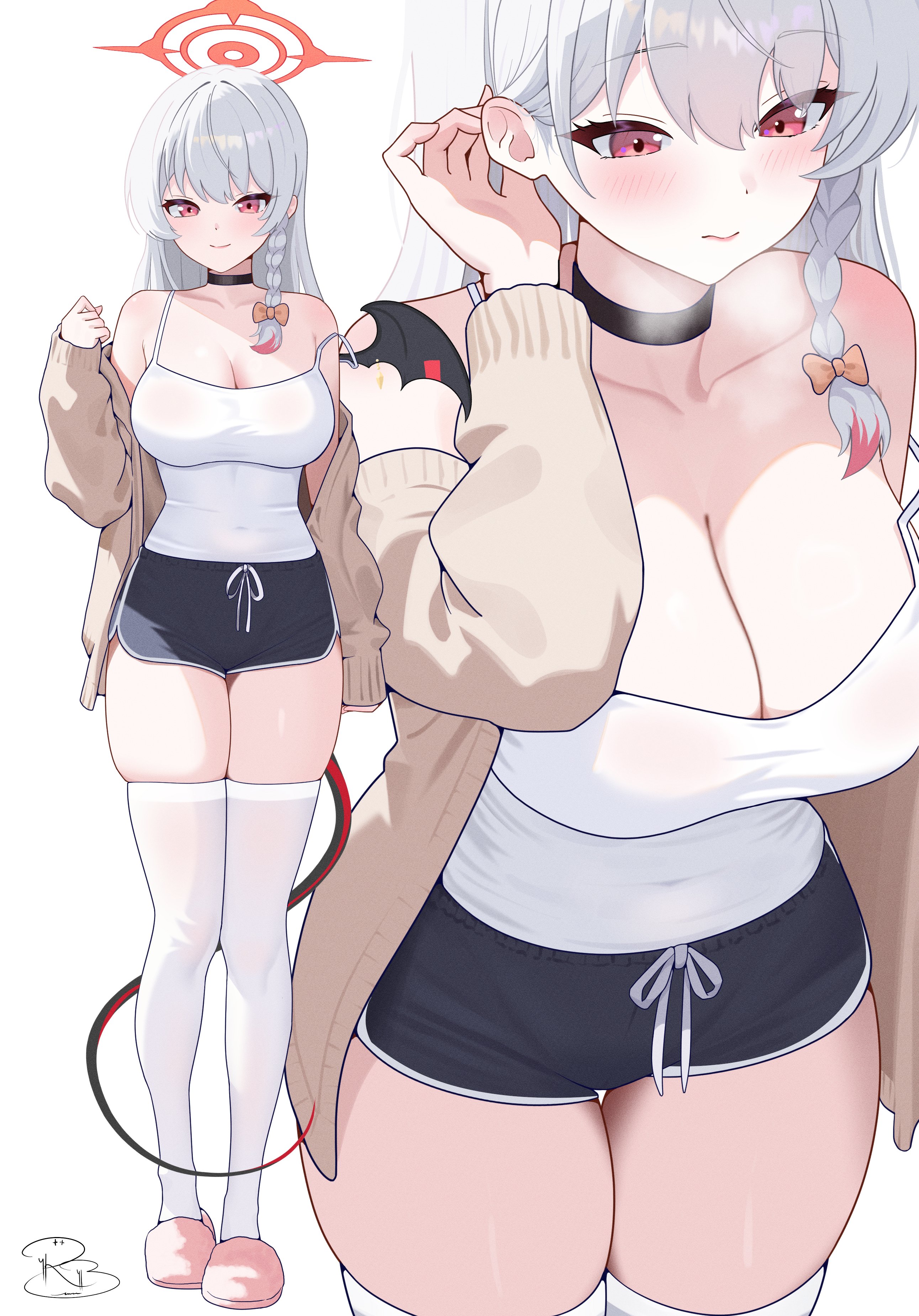 royalbunny003, haruna (blue archive), blue archive, absurdres, highres, 1girl, adjusting hair, bare shoulders, black shorts, blush, braid, breasts, brown jacket, choker, cleavage, collarbone, covered navel, demon tail, demon wings, grey hair, halo, jacket, large breasts, long hair, looking at viewer, open clothes, open jacket, pink slippers, red eyes, red halo, shirt, shorts, single braid, skindentation, slippers, smile, solo, tail, thighhighs, thighs, white shirt, white thighhighs, wings