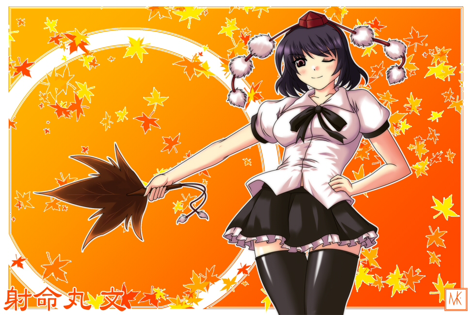 zeroize (nyangko), shameimaru aya, touhou, 1girl, black hair, female focus, hat, looking at viewer, one eye closed, ribbon, short hair, skirt, socks, solo, thighhighs, wink