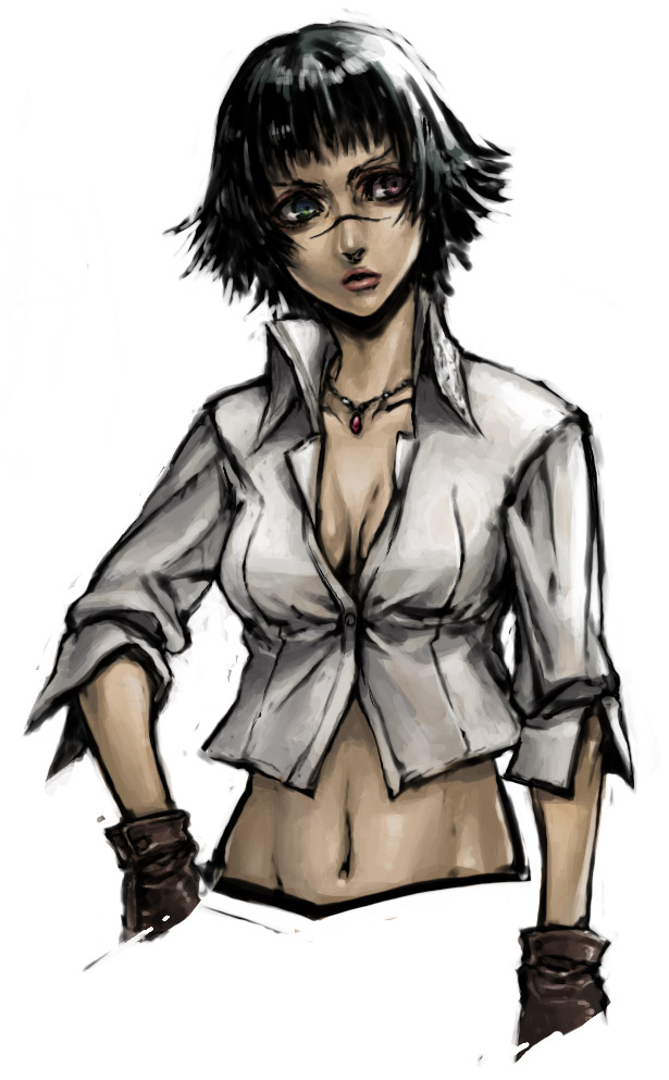 aka gan k, akagishi k, lady (devil may cry), capcom, devil may cry, devil may cry (series), devil may cry 3, 00s, 1girl, female focus, gloves, heterochromia, midriff, navel, scar, scar on face, scar on nose, solo