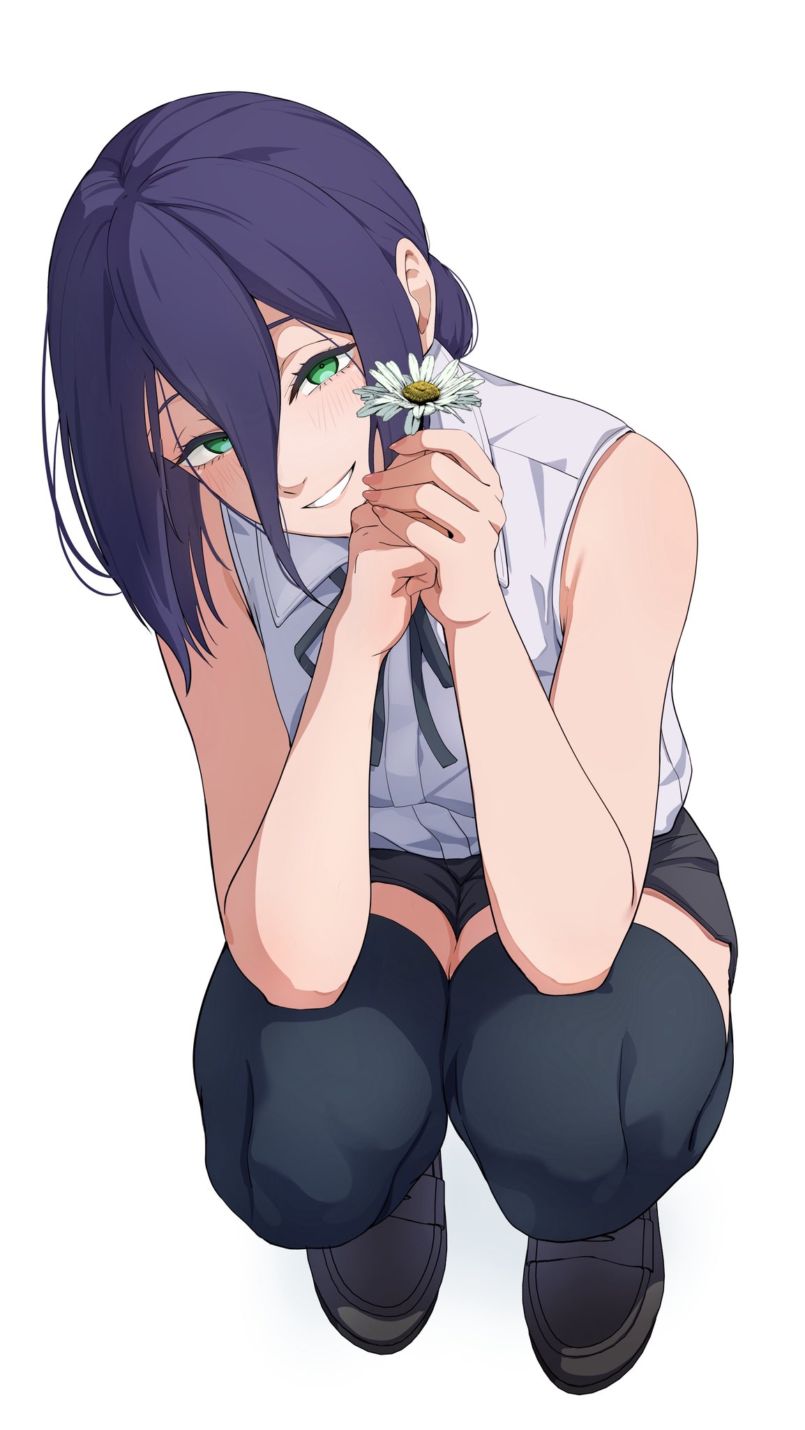 yami anko, reze (chainsaw man), chainsaw man, commentary, highres, 1girl, black choker, black hair, black shorts, black thighhighs, choker, collared shirt, flower, full body, green eyes, hair between eyes, hair bun, holding, holding flower, long hair between eyes, looking at viewer, medium hair, neck ribbon, parted lips, ribbon, shirt, short shorts, shorts, single hair bun, sleeveless, sleeveless shirt, smile, solo, squatting, thighhighs, white background, white shirt
