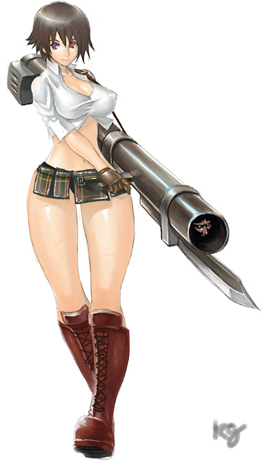 lady (devil may cry), capcom, devil may cry, devil may cry (series), devil may cry 3, 00s, 1girl, bad anatomy, boots, breasts, brown hair, cleavage, cleavage cutout, clothing cutout, female focus, gloves, gun, heterochromia, hip focus, large breasts, legs, rocketlauncher, short hair, smile, solo, weapon, wide hips
