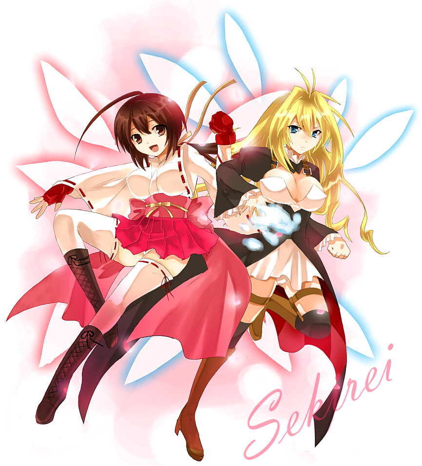hayama eishi, nari otoko, musubi, tsukiumi, sekirei, bad id, bad pixiv id, 00s, 2girls, ahoge, antenna hair, aqua eyes, blonde hair, boots, breasts, brown eyes, brown hair, cleavage, fingerless gloves, gloves, large breasts, long hair, multiple girls, panties, short hair, skirt, smile, socks, thigh strap, thighhighs, underwear, white panties