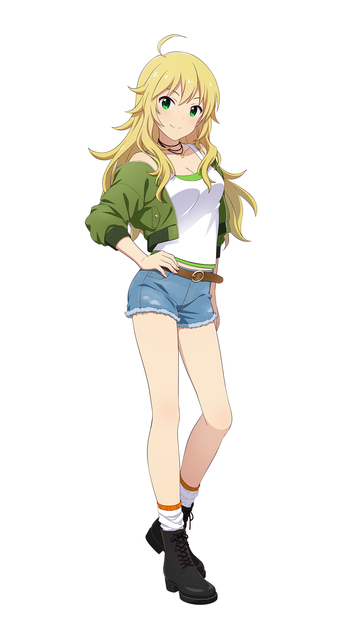 hoshii miki, idolmaster, idolmaster (classic), idolmaster tours, official art, 1girl, ahoge, belt, blonde hair, boots, breasts, buttons, cleavage, denim, denim shorts, green eyes, hand on own hip, high heel boots, high heels, jacket, jewelry, lace-up boots, necklace, short shorts, shorts, smile, socks, solo, star (symbol), tank top, transparent background