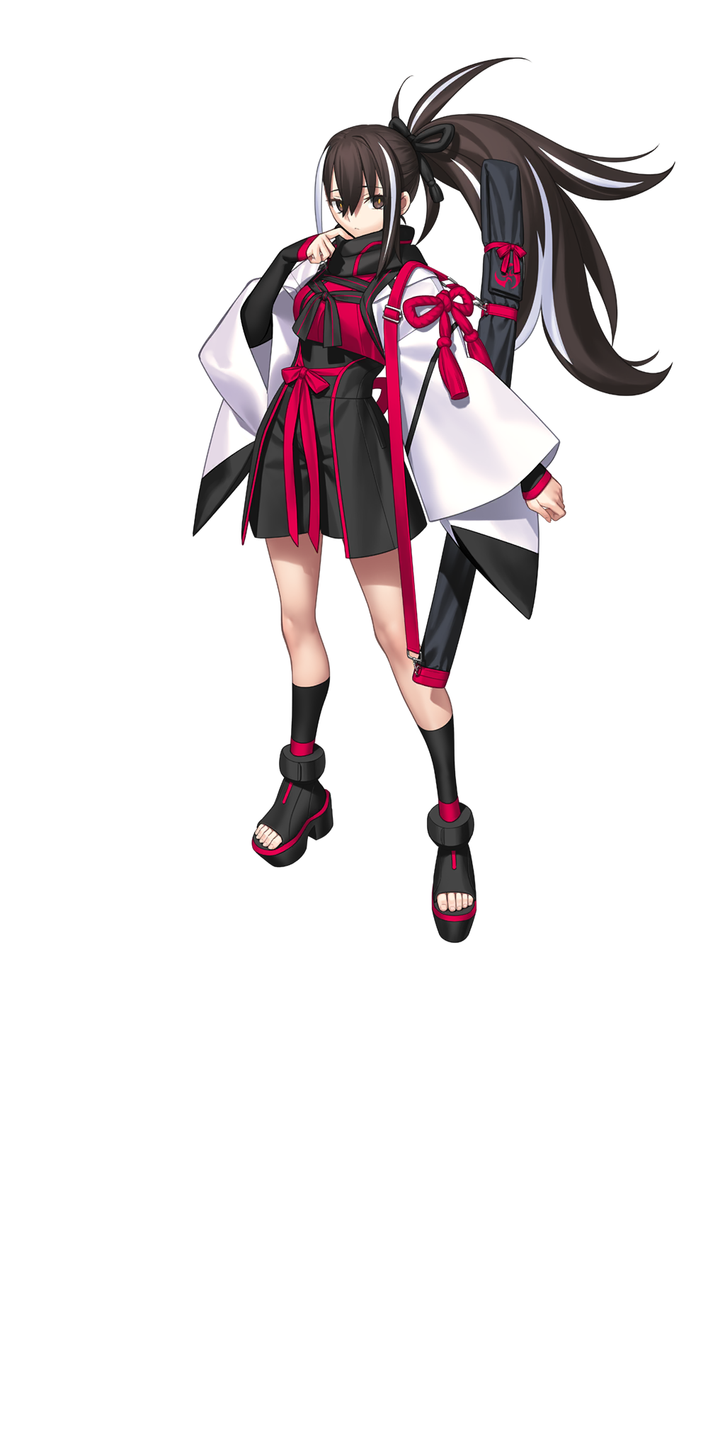 takeuchi takashi, fate/grand order, fate (series), highres, large variant set, official art, third-party source, variant set, 1girl, black ribbon, black scarf, black shoes, black shorts, black socks, brown eyes, brown hair, full body, hair ribbon, haori, japanese clothes, kawakami gensai (fate), long hair, looking at viewer, multicolored hair, ponytail, red ribbon, ribbon, scarf, shirt, shoes, shorts, socks, solo, standing, streaked hair, sword, tachi-e, transparent background, two-tone hair, weapon, white hair, white haori