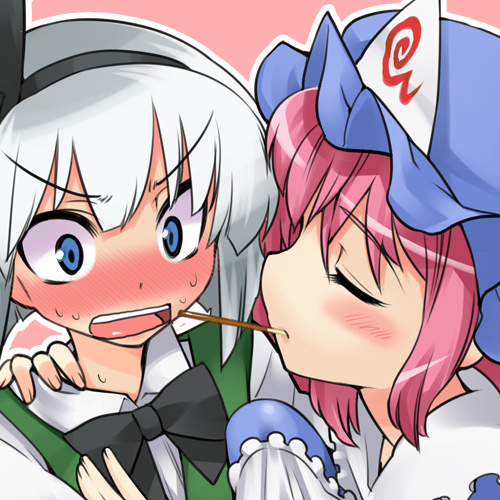 gengorou, konpaku youmu, saigyouji yuyuko, touhou, lowres, 2girls, blush, female focus, food, hat, multiple girls, pocky, pocky kiss, shared food