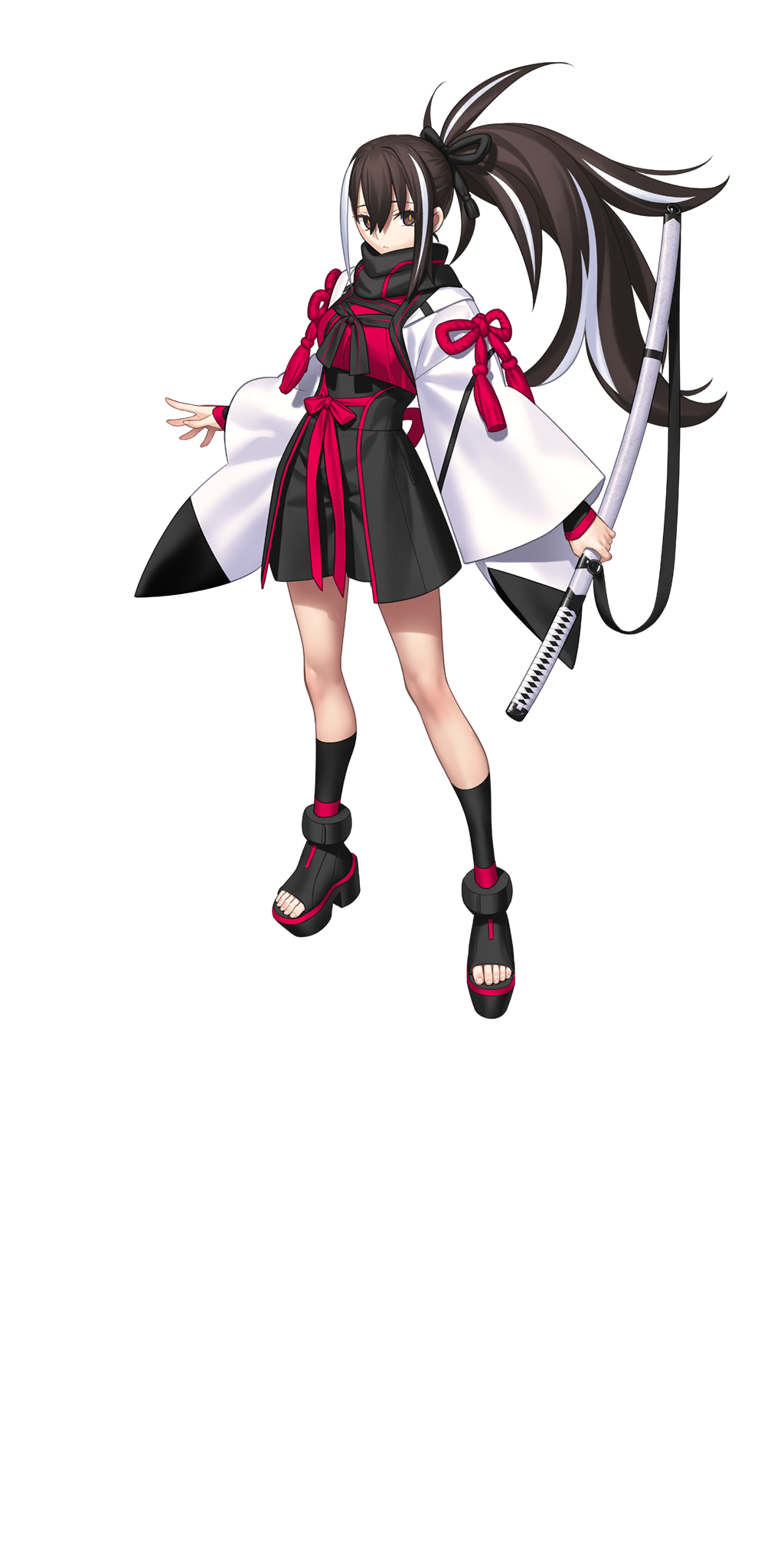 takeuchi takashi, fate/grand order, fate (series), highres, large variant set, official art, third-party source, variant set, 1girl, black ribbon, black scarf, black shoes, black shorts, black socks, brown eyes, brown hair, full body, hair ribbon, haori, holding, holding sword, holding weapon, japanese clothes, katana, kawakami gensai (fate), long hair, looking at viewer, multicolored hair, ponytail, red ribbon, ribbon, scarf, shirt, shoes, shorts, socks, solo, standing, streaked hair, sword, tachi-e, transparent background, two-tone hair, weapon, white hair, white haori