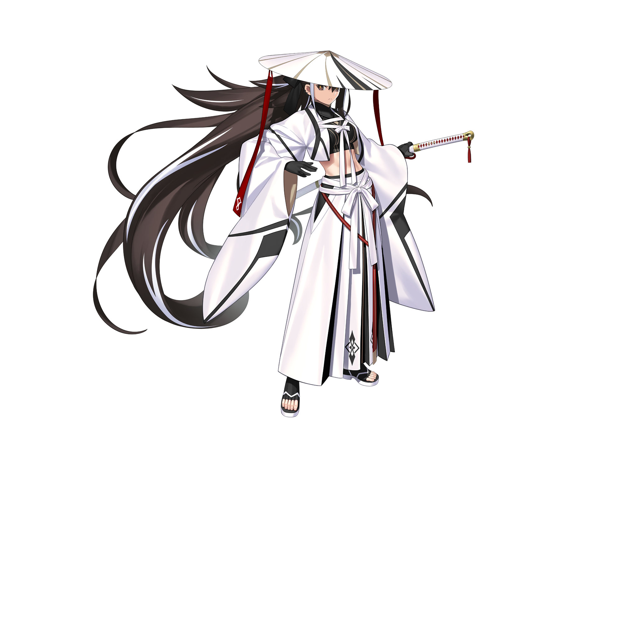 takeuchi takashi, fate/grand order, fate (series), highres, large variant set, official art, third-party source, variant set, 1girl, black gloves, brown eyes, brown hair, crop top, full body, gloves, hair ribbon, hakama, haori, hat, holding, holding sword, holding weapon, japanese clothes, japanese hat, katana, kawakami gensai (fate), long hair, looking at viewer, midriff, multicolored hair, navel, ponytail, ribbon, shirt, shoes, solo, standing, streaked hair, sword, tachi-e, transparent background, two-tone hair, weapon, white hair, white hakama, white haori, white hat, white ribbon, wide brim