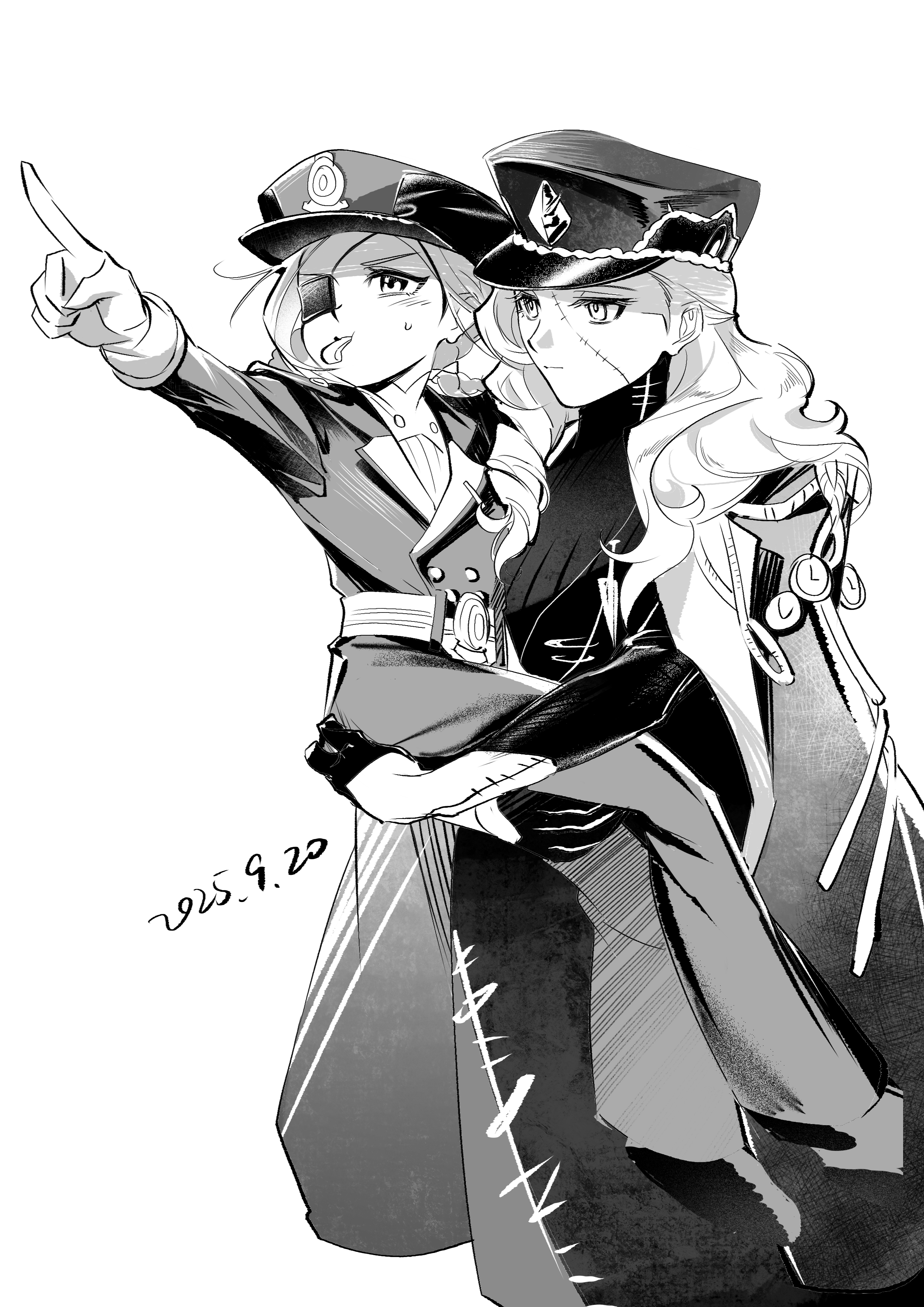reverse:1999, absurdres, highres, 2girls, aima (reverse:1999), blowing whistle, carrying, carrying person, child carry, coat, coat on shoulders, corvus (reverse:1999), dated, dress, eyepatch, gloves, greyscale, hat, jacket, long dress, long hair, looking afar, monochrome, moroumo, multiple girls, pants, peaked cap, pointing, stitched face, stitches, sweat, upper body, whistle, white background