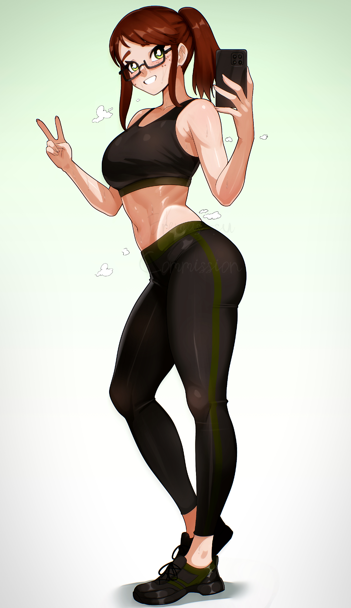 eremas-su, indie virtual youtuber, character request, commission, highres, 1girl, armpits, black leggings, black shoes, black sports bra, blush, breasts, brown hair, eyebrows hidden by hair, freckles, from side, full body, green background, green eyes, holding, holding phone, large breasts, leggings, looking at viewer, medium hair, navel, open mouth, phone, ponytail, semi-rimless eyewear, shoes, simple background, smile, sneakers, solo, sports bra, stomach, sweat, v, virtual youtuber