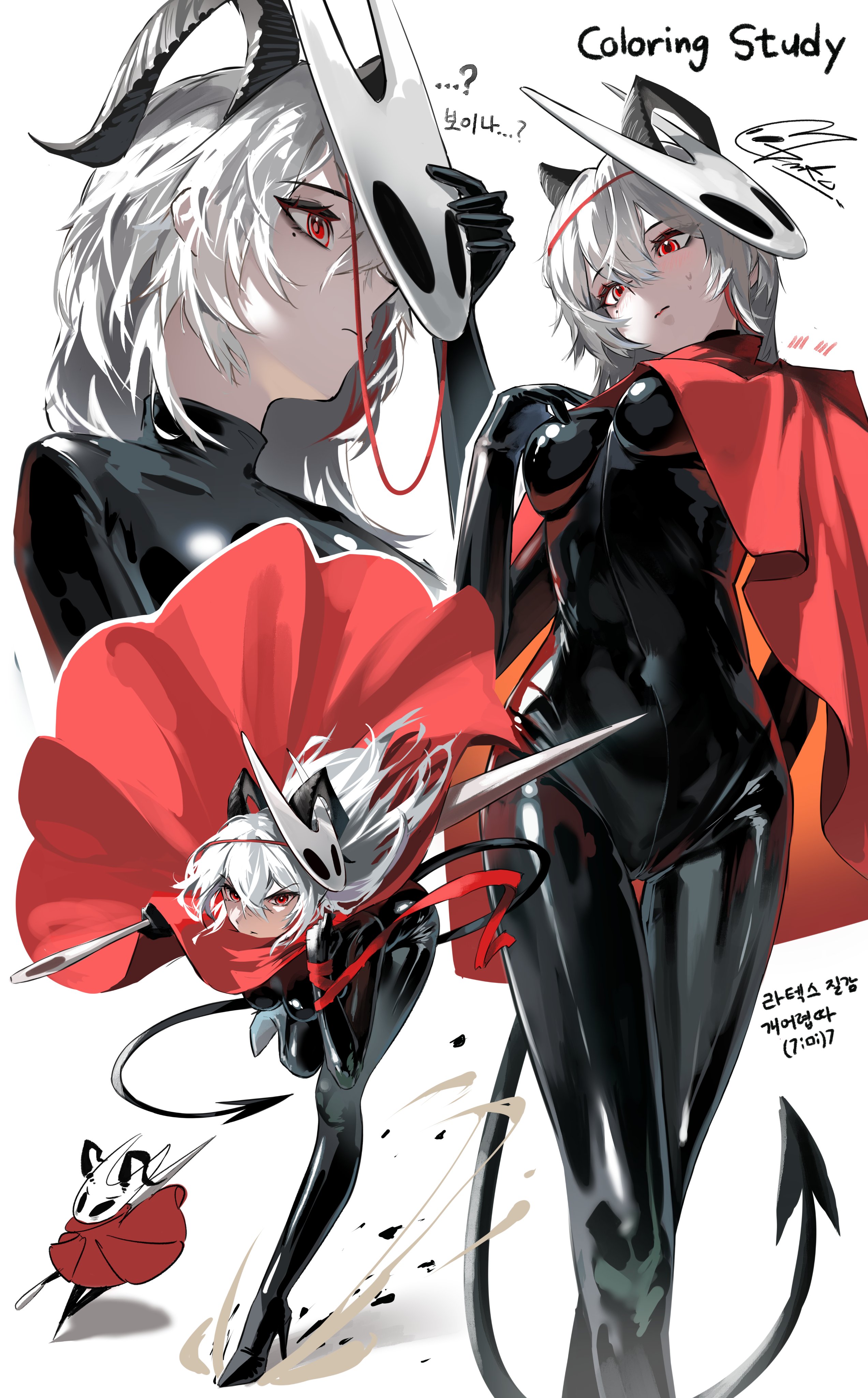 t3ku, hornet (hollow knight), zani (wuthering waves), hollow knight, wuthering waves, absurdres, commentary, english commentary, highres, 1girl, black bodysuit, black horns, black tail, bodysuit, breasts, cloak, closed mouth, cosplay, covered navel, curled horns, demon tail, grey hair, hair between eyes, hand up, holding, holding weapon, hornet (hollow knight) (cosplay), horns, long hair, medium breasts, mole, mole under eye, multiple views, needle (hollow knight), red cloak, red eyes, signature, sweatdrop, tail, weapon
